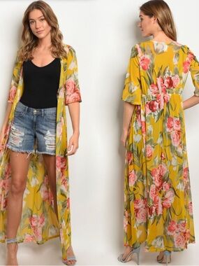 Floral Mustard Longline Kimono Cardigan